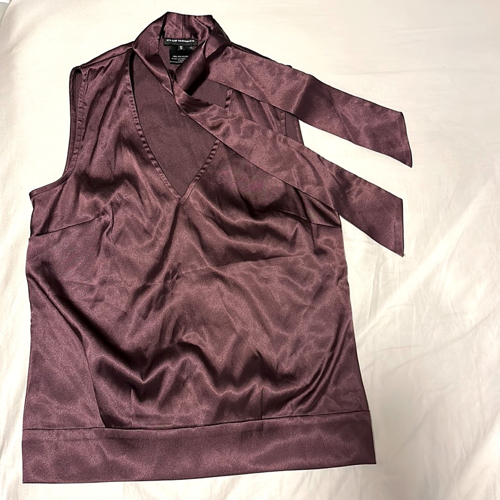 Club Monaco Satin Sleeveless Top with Tie Neck